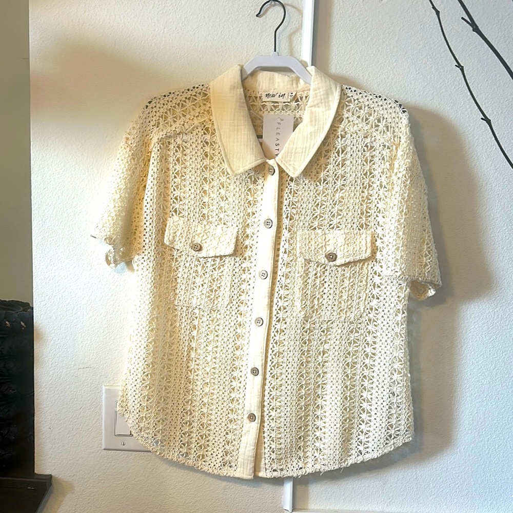 Cream Crochet Button-Down Top